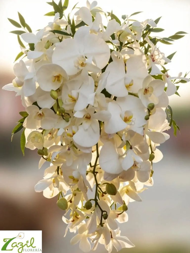 Cascade bridal bouquet with orchids